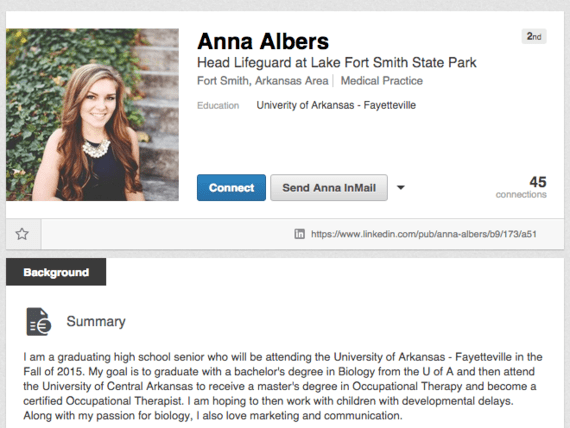 Recent Alma High School graduate Anna Albers has had a LinkedIn profile for years.