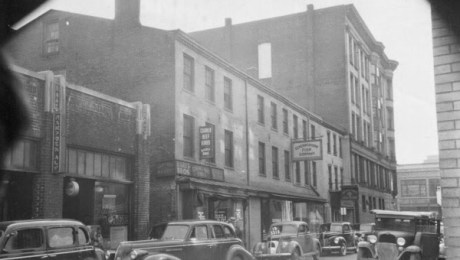 A historical view of 11-21 Stockbridge Street, 7-9 Stockbridge Street, and the Colonial Block building, circa 1938-39 (WPA Image Project, Springfield Preservation Trust)